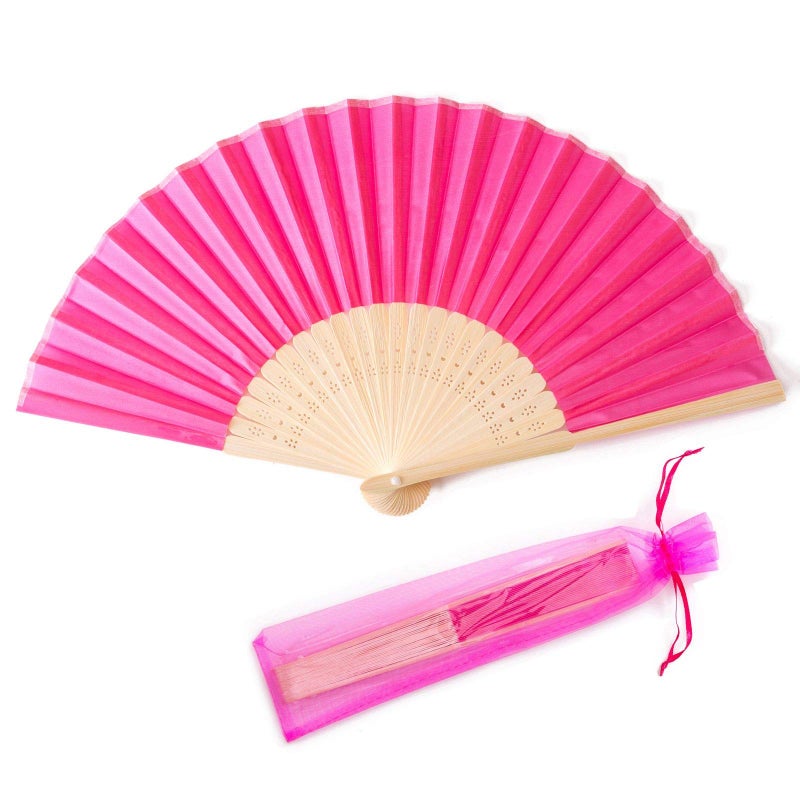 SL crafts 24pcs Imitated Silk Hand Fan Imitated Silk Fabric Bamboo Handheld Folded Fan Bridal Dancing Props Church Wedding Party Favors with Organza Bags (Hot Pink) - Image 1